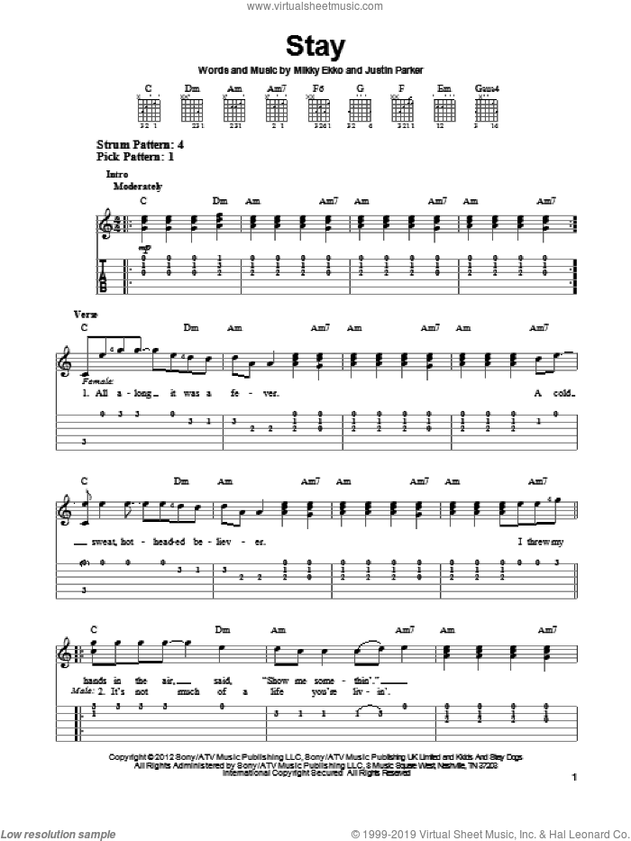 Stay sheet music for guitar solo (easy tablature) by Rihanna, easy guitar (easy tablature)