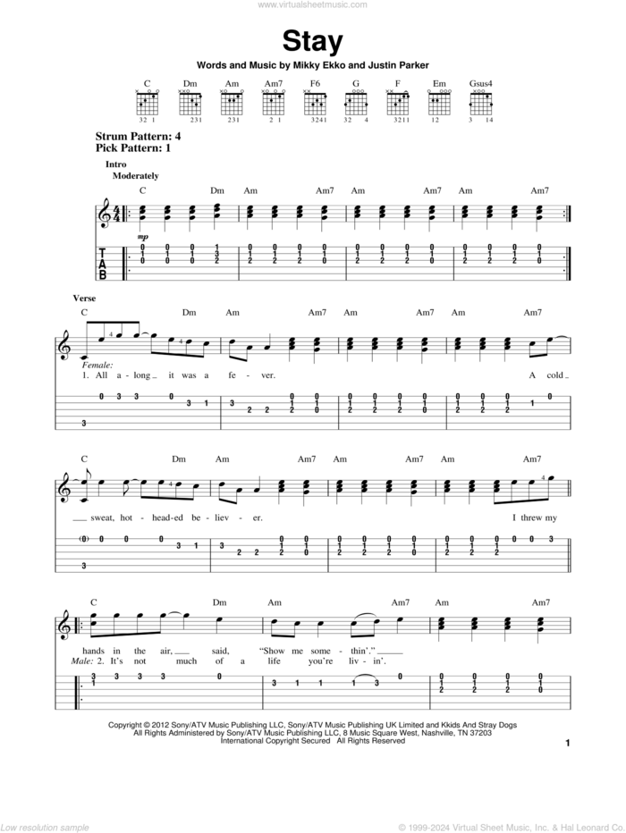 Stay sheet music for guitar solo (easy tablature) by Rihanna, easy guitar (easy tablature)