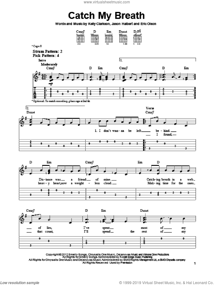 Catch My Breath sheet music for guitar solo (easy tablature) by Kelly Clarkson, easy guitar (easy tablature)