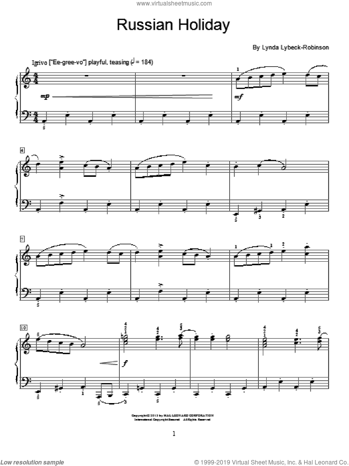 Russian Holiday sheet music for piano solo (elementary) by Lynda Lybeck-Robinson, classical score, beginner piano (elementary)