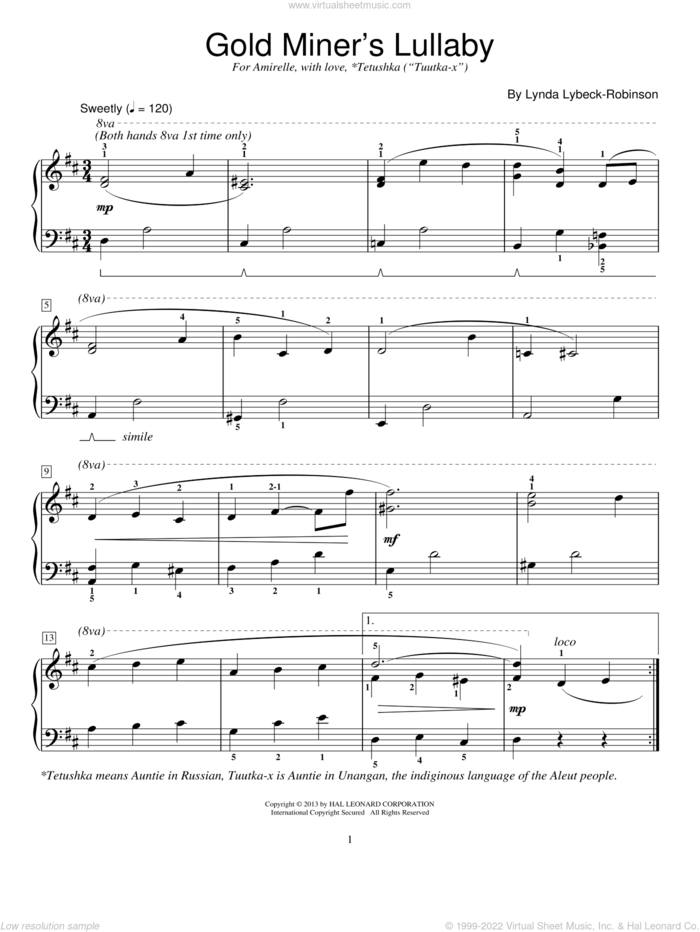 Gold Miner's Lullaby sheet music for piano solo (elementary) by Lynda Lybeck-Robinson, classical score, beginner piano (elementary)