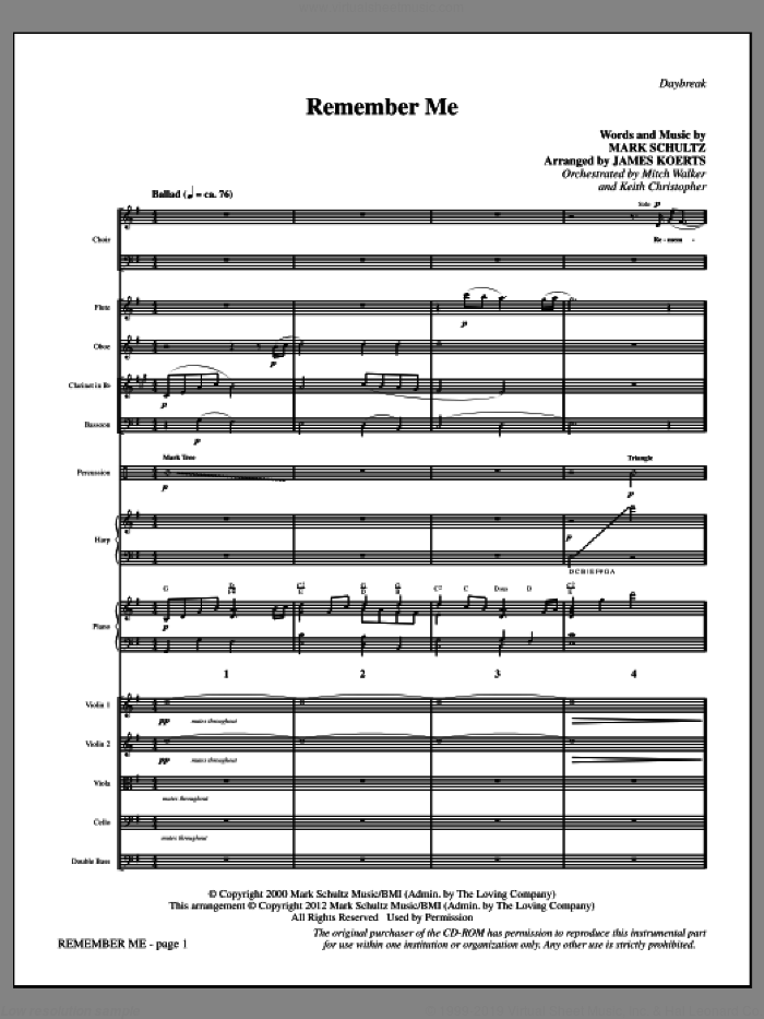 Remember Me (COMPLETE) sheet music for orchestra/band by Mark Schultz and James Koerts, intermediate skill level