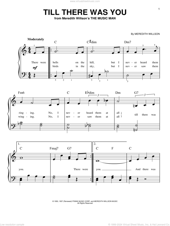 Till There Was You, (easy) sheet music for piano solo by Meredith Willson and The Music Man (Musical), wedding score, easy skill level