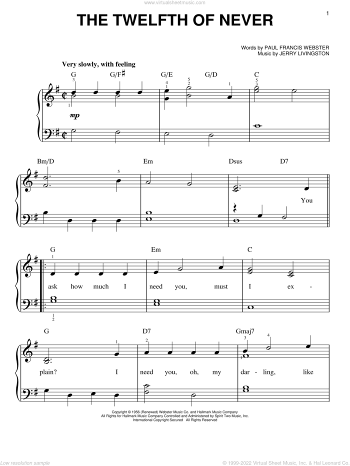 The Twelfth Of Never sheet music for piano solo by Paul Francis Webster and Jerry Livingston, wedding score, easy skill level