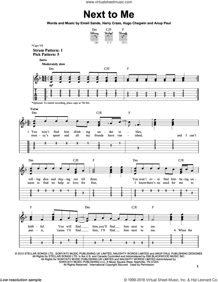 Next To Me sheet music for guitar solo (easy tablature) by Emeli Sande, easy guitar (easy tablature)