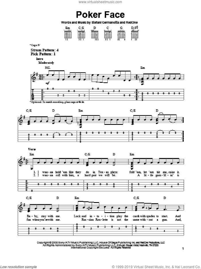 Poker Face sheet music for guitar solo (easy tablature) by Lady Gaga, easy guitar (easy tablature)