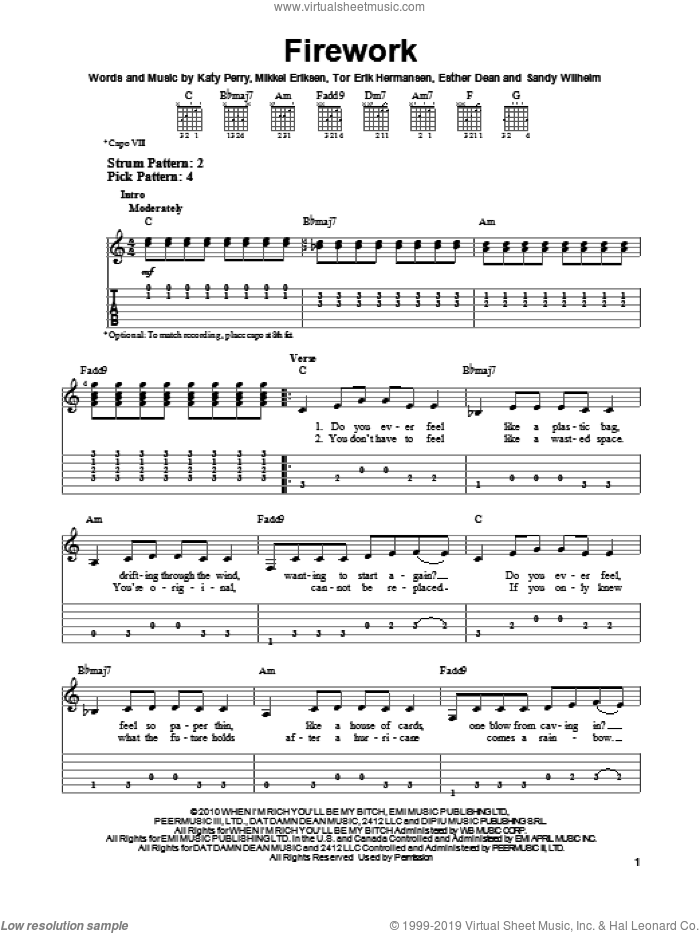 Firework sheet music for guitar solo (easy tablature) by Katy Perry, easy guitar (easy tablature)