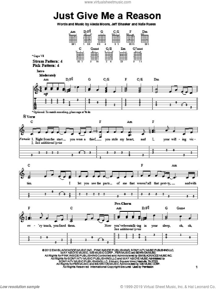 Just Give Me A Reason sheet music for guitar solo (easy tablature) by Pink featuring Nate Ruess, easy guitar (easy tablature)