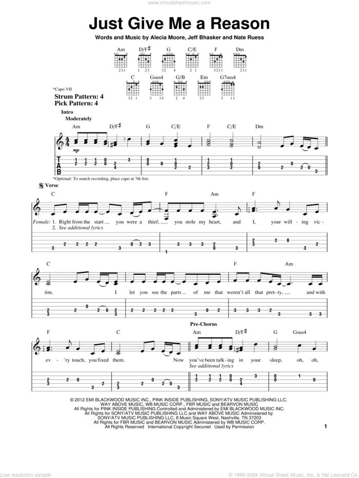 Just Give Me A Reason sheet music for guitar solo (easy tablature) by Pink featuring Nate Ruess, easy guitar (easy tablature)