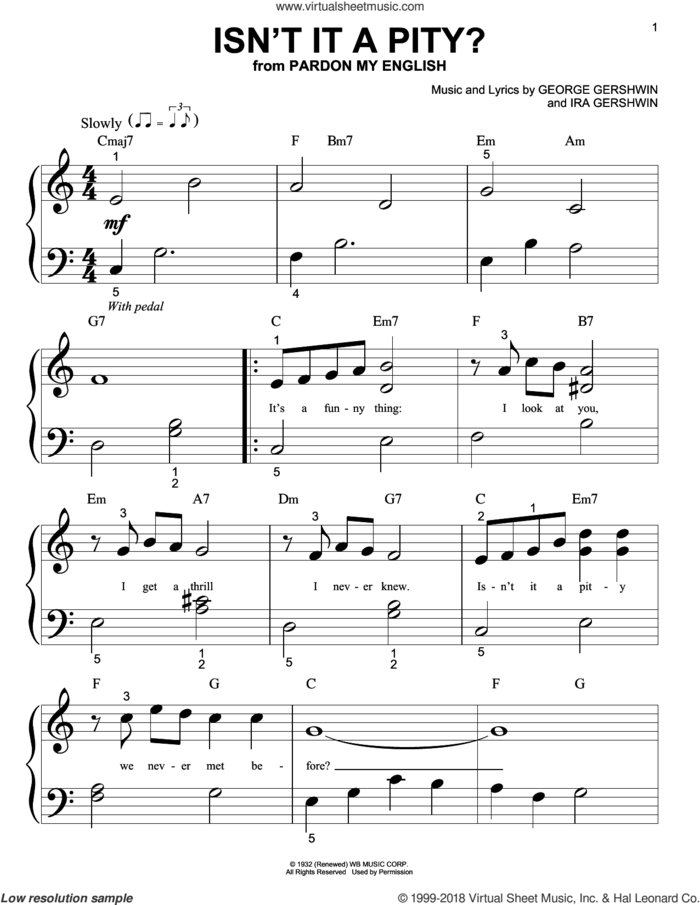 Isn't It A Pity? sheet music for piano solo (big note book) by Barbra Streisand, George Gershwin and Ira Gershwin, easy piano (big note book)