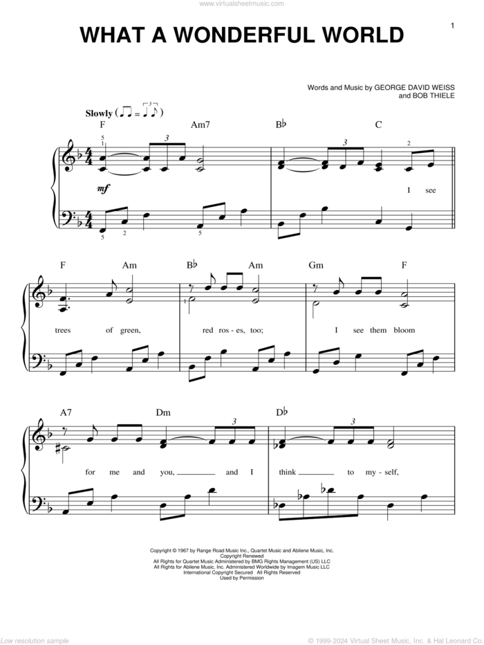 What A Wonderful World sheet music for piano solo by Louis Armstrong, Bob Thiele and George David Weiss, wedding score, easy skill level