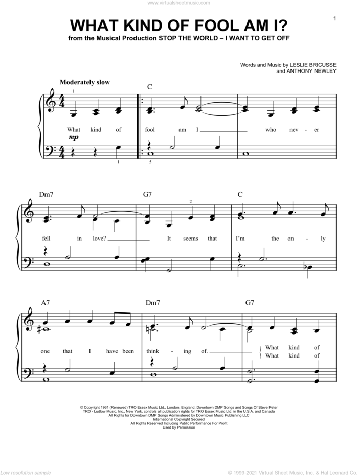 What Kind Of Fool Am I? sheet music for piano solo by Leslie Bricusse and Anthony Newley, easy skill level