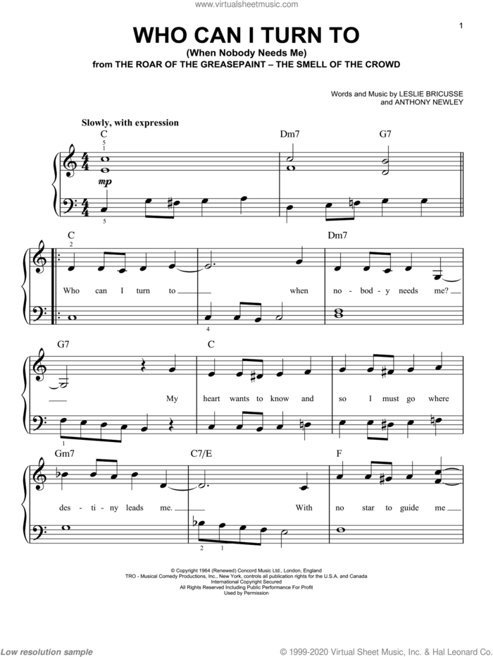 Who Can I Turn To (When Nobody Needs Me), (easy) sheet music for piano solo by Tony Bennett, Anthony Newley and Leslie Bricusse, easy skill level