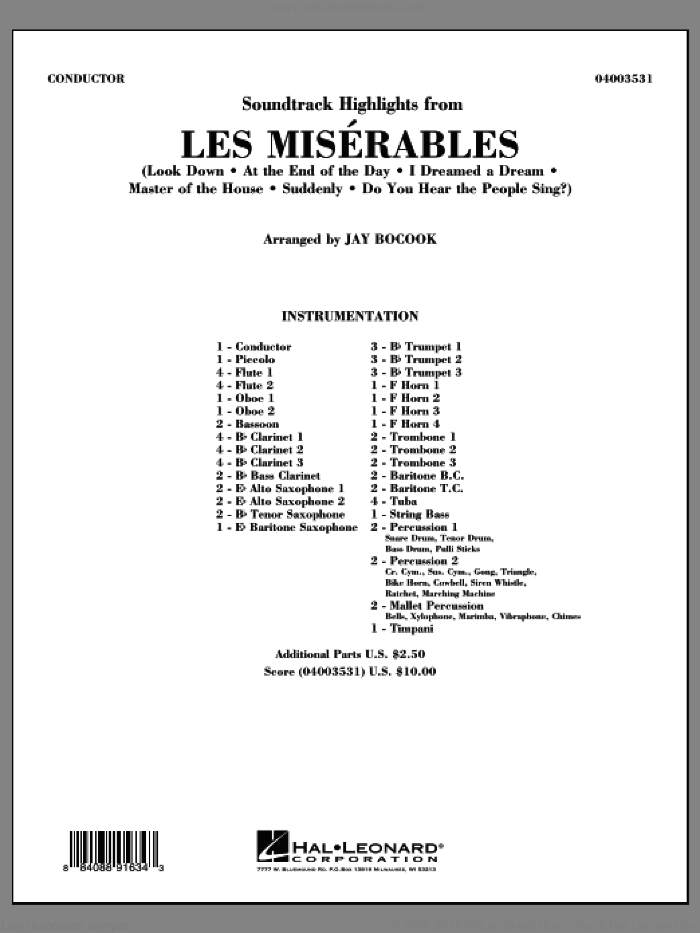 Soundtrack Highlights from Les Miserables (COMPLETE) sheet music for concert band by Jay Bocook, intermediate skill level
