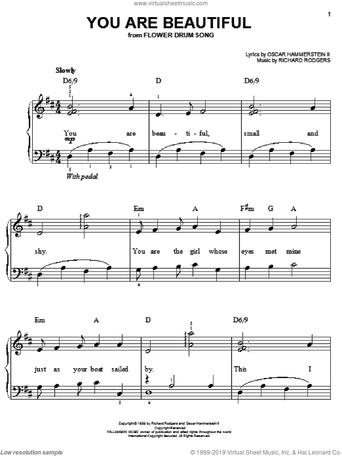 You Are Beautiful sheet music for piano solo by Rodgers & Hammerstein, Oscar II Hammerstein and Richard Rodgers, wedding score, easy skill level