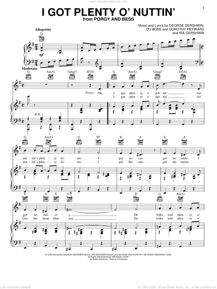 I Got Plenty O' Nuttin' sheet music for voice, piano or guitar by George Gershwin and Ira Gershwin, intermediate skill level