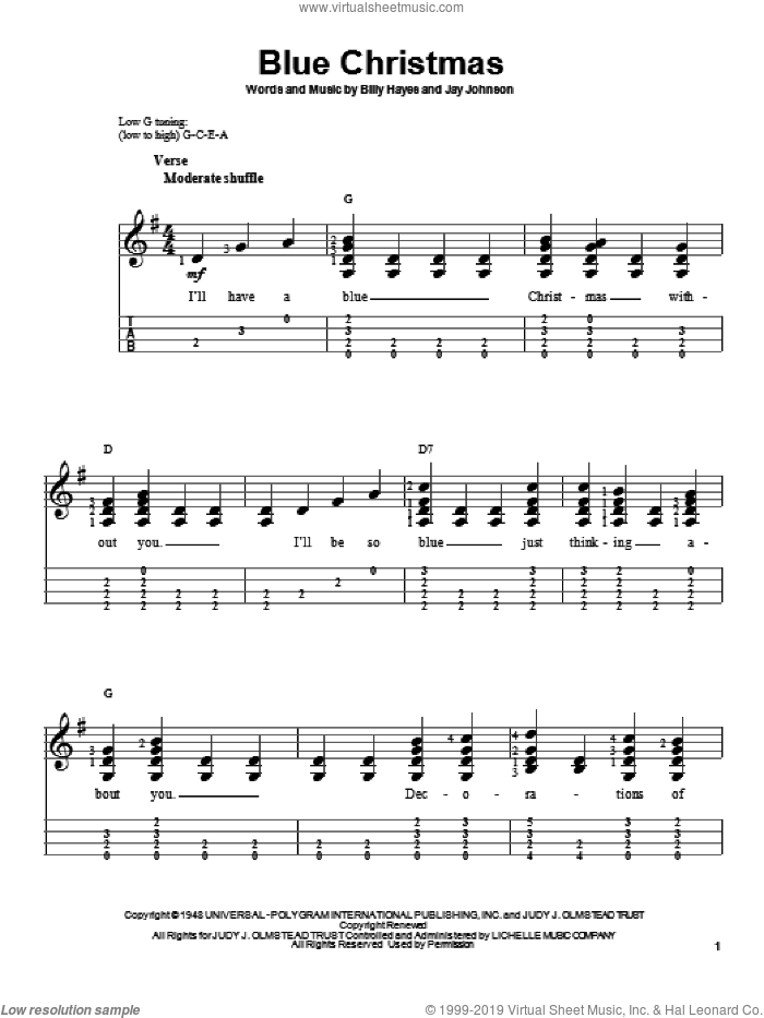 Blue Christmas sheet music for ukulele (easy tablature) (ukulele easy tab) by Elvis Presley and Browns, intermediate skill level