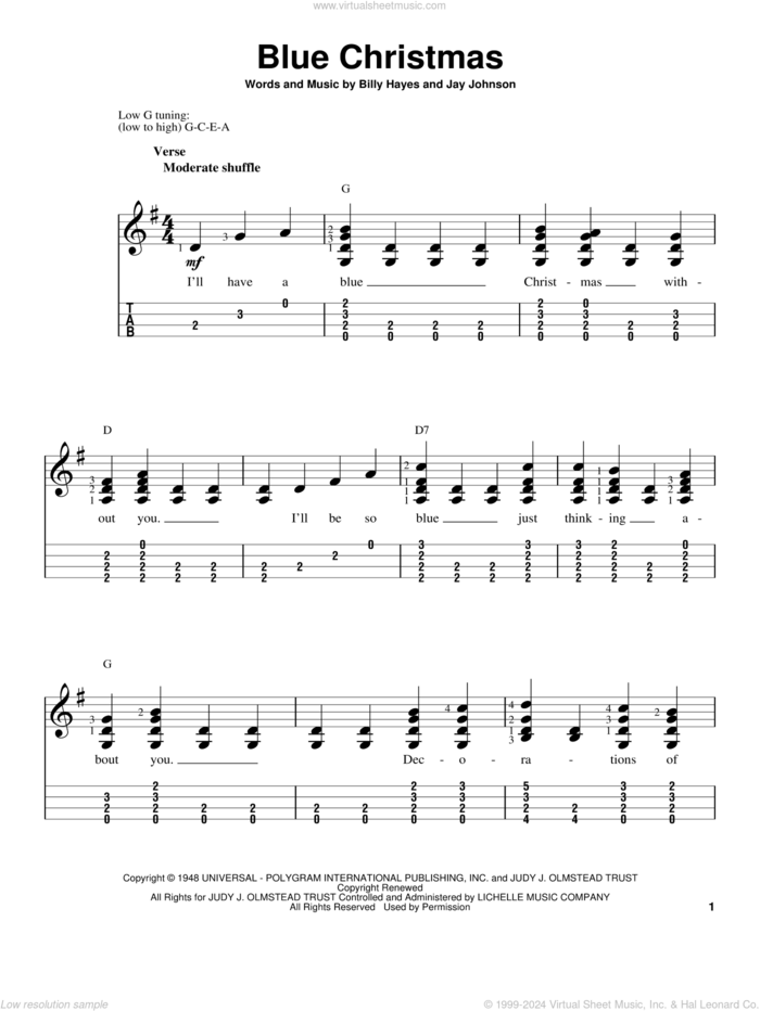 Blue Christmas sheet music for ukulele (easy tablature) (ukulele easy tab) by Elvis Presley and Browns, intermediate skill level