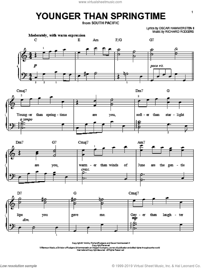 Younger Than Springtime sheet music for piano solo by Rodgers & Hammerstein, South Pacific (Musical), Oscar II Hammerstein and Richard Rodgers, easy skill level