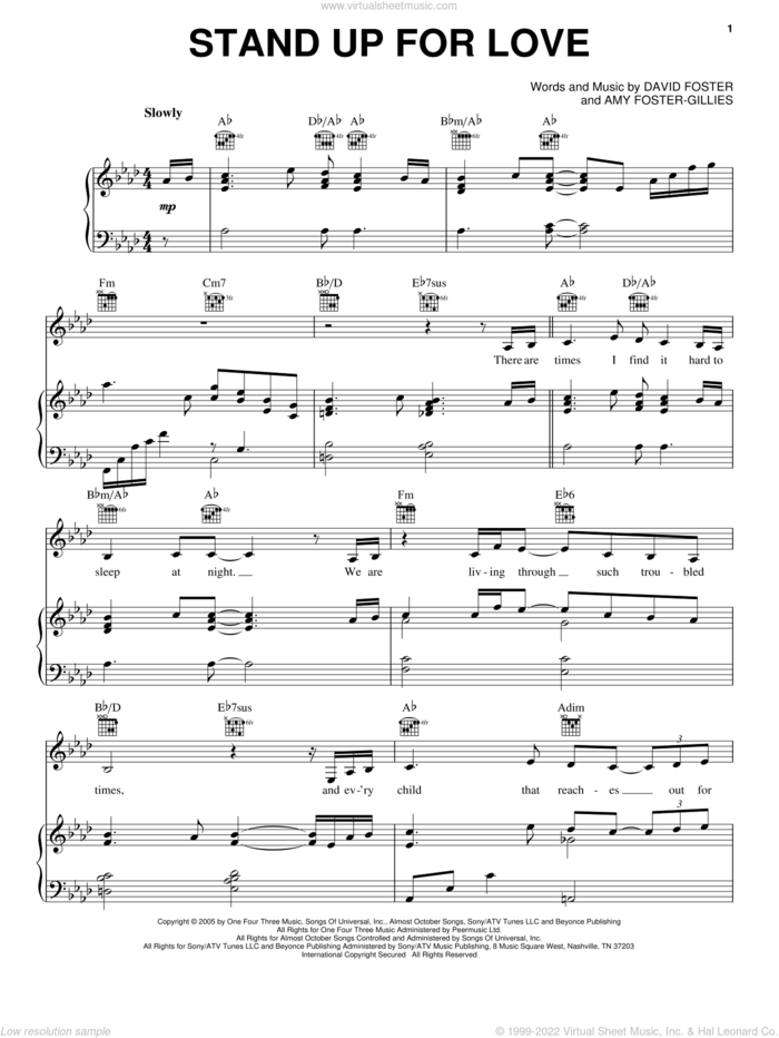 Stand Up For Love sheet music for voice, piano or guitar by Destiny's Child, Amy Foster-Gillies and David Foster, intermediate skill level