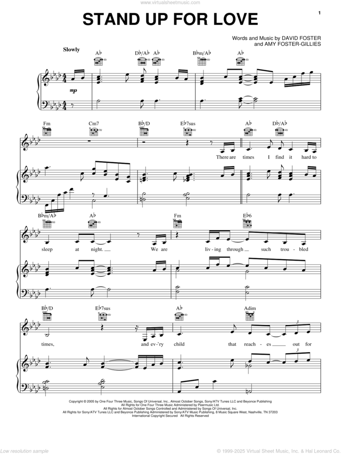 Stand Up For Love sheet music for voice, piano or guitar by Destiny's Child, Amy Foster-Gillies and David Foster, intermediate skill level