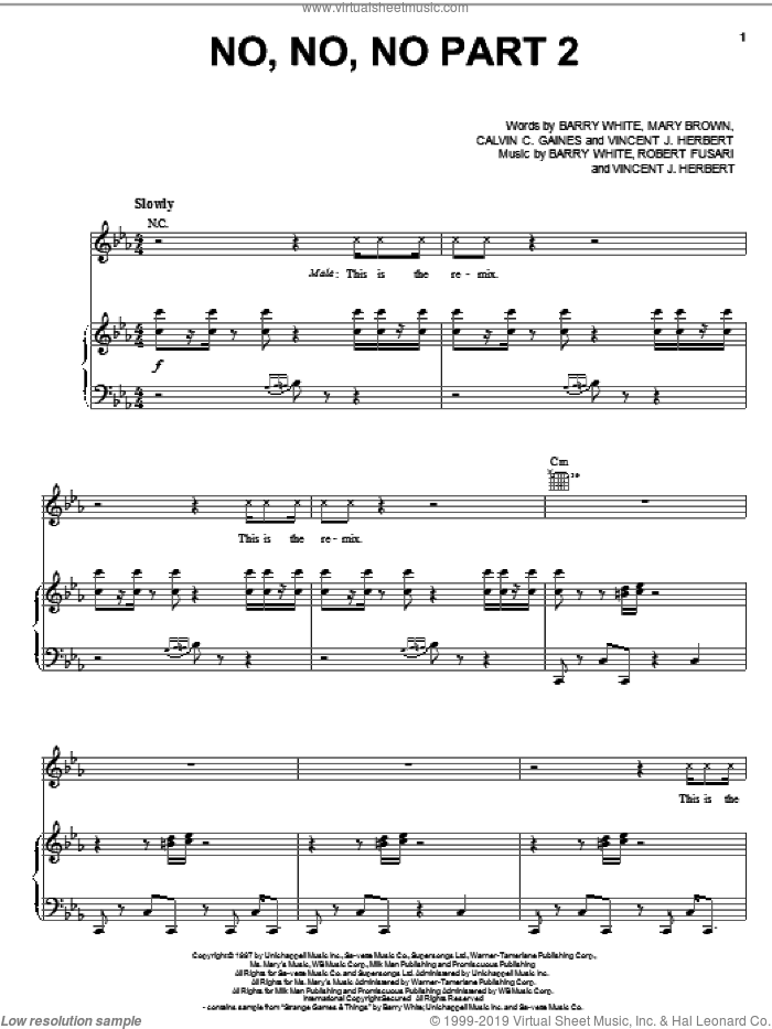 No, No, No Part II sheet music for voice, piano or guitar by Destiny's Child, Barry White, Calvin C. Gaines, Mary Brown, Robert Fusari and Vincent J. Herbert, intermediate skill level