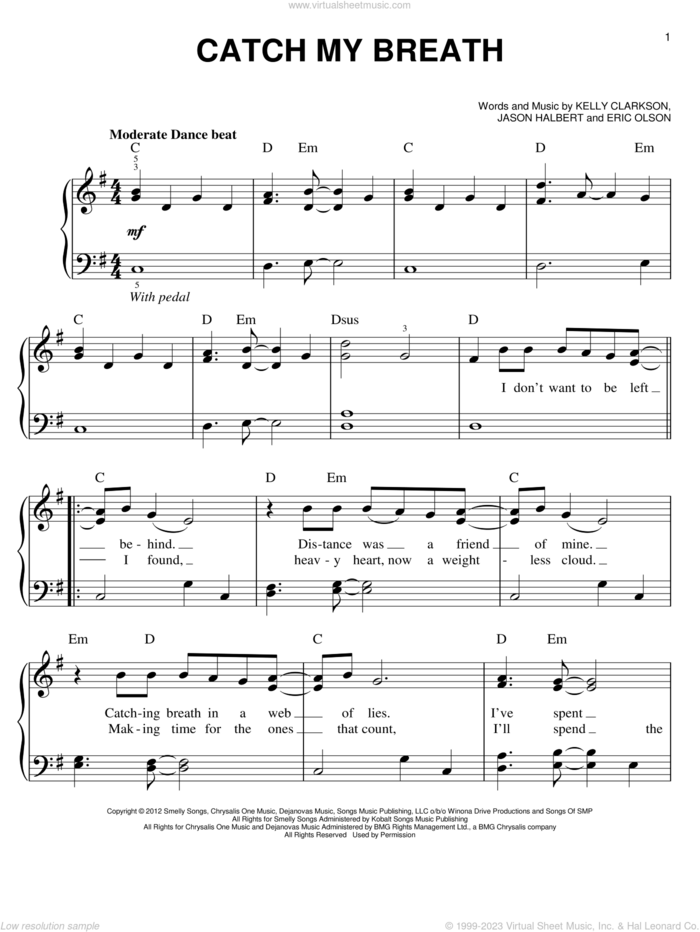 Catch My Breath sheet music for piano solo by Kelly Clarkson, easy skill level