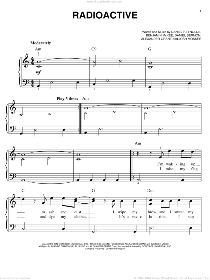 Radioactive sheet music for piano solo by Imagine Dragons, easy skill level