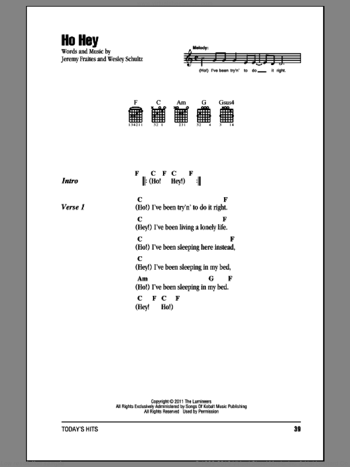Ho Hey sheet music for guitar (chords) by The Lumineers, intermediate skill level
