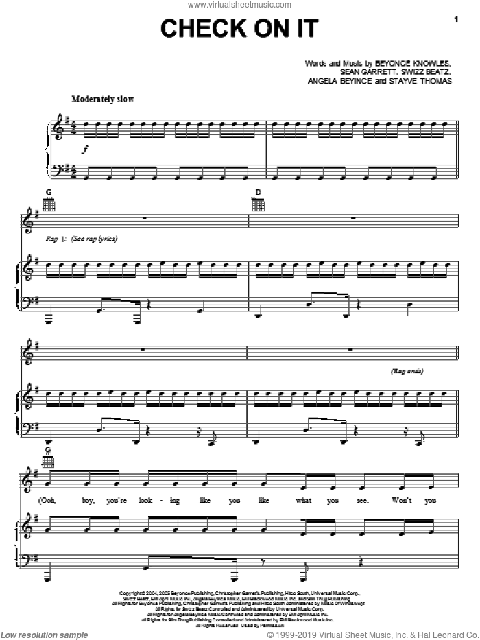 Check On It sheet music for voice, piano or guitar by Destiny's Child, Beyonce featuring Slim Thug, Angela Beyince, Beyonce, Sean Garrett, Stayve Thomas and Swizz Beatz, intermediate skill level