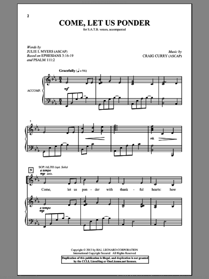 Come, Let Us Ponder sheet music for choir (SATB: soprano, alto, tenor, bass) by Craig Curry and Julie Myers, intermediate skill level