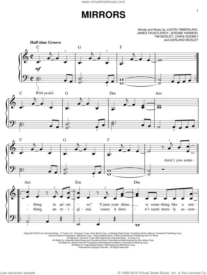 Mirrors sheet music for piano solo by Justin Timberlake, easy skill level