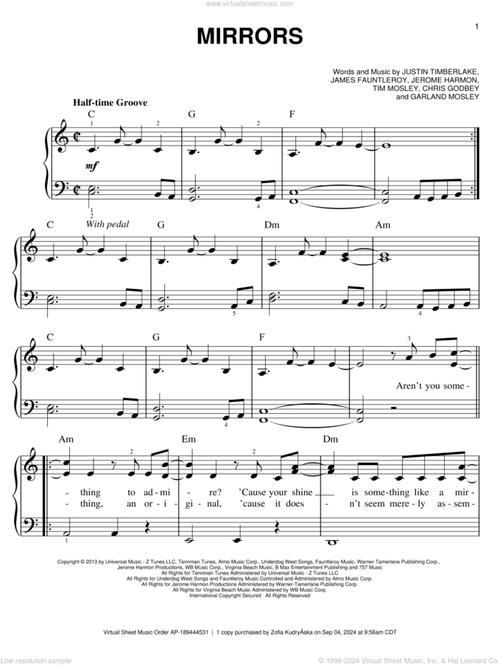 Mirrors sheet music for piano solo by Justin Timberlake, easy skill level