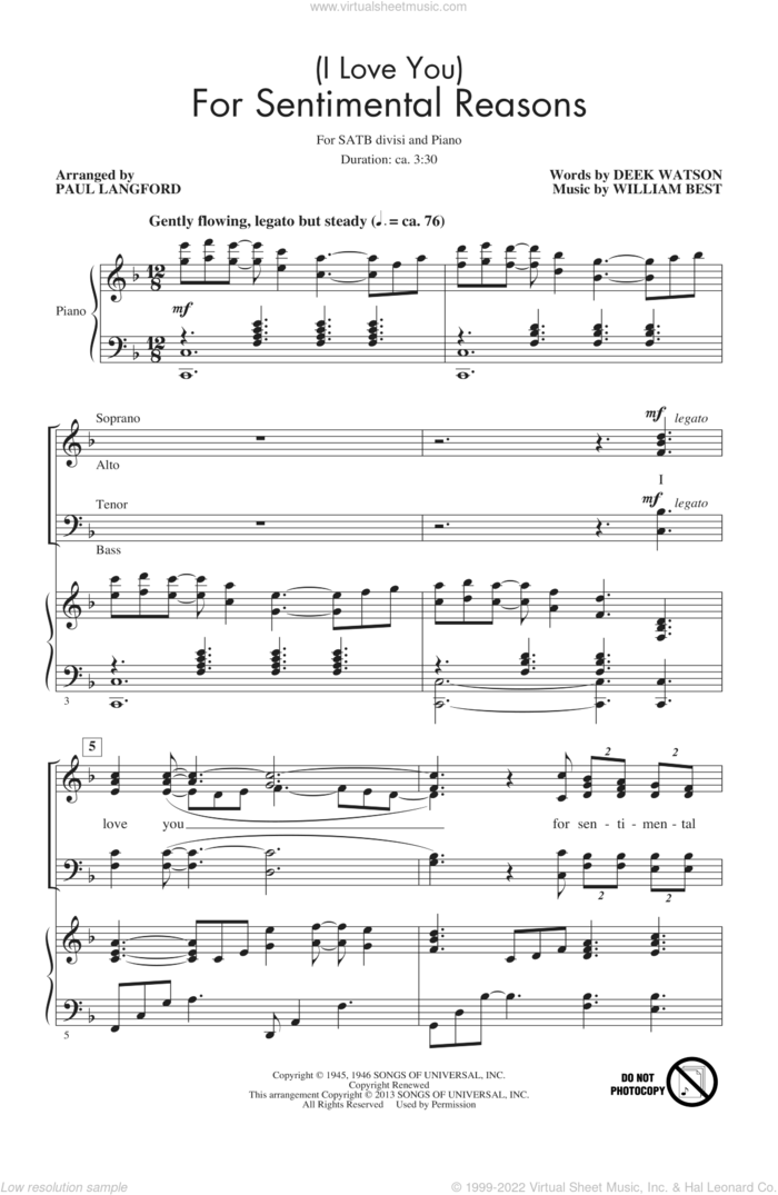 (I Love You) For Sentimental Reasons sheet music for choir (SATB: soprano, alto, tenor, bass) by Paul Langford, intermediate skill level