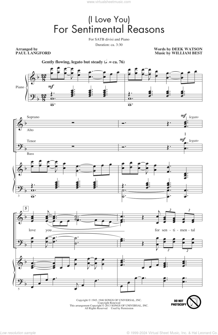 (I Love You) For Sentimental Reasons sheet music for choir (SATB: soprano, alto, tenor, bass) by Paul Langford, intermediate skill level