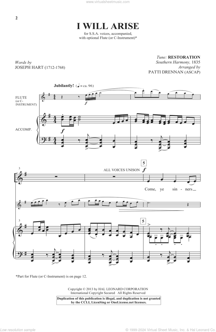 I Will Arise sheet music for choir (SSA: soprano, alto) by Patti Drennan, intermediate skill level