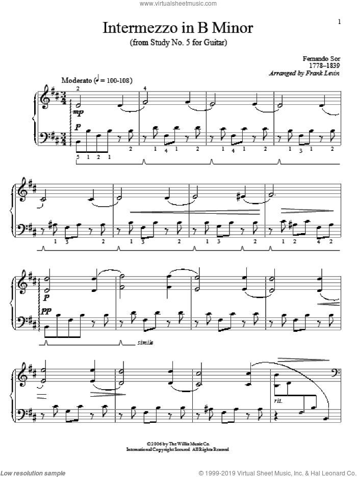 Intermezzo In B Minor sheet music for piano solo (elementary) by Frank Levin and Fernando Sor, classical score, beginner piano (elementary)