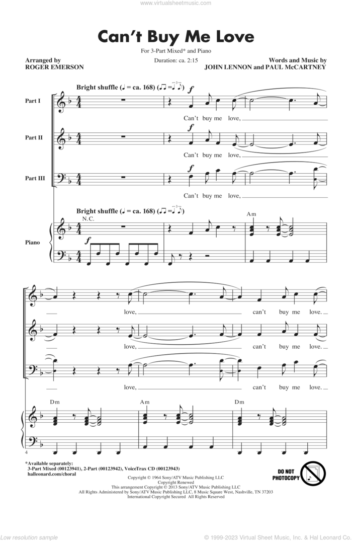 Can't Buy Me Love sheet music for choir (3-Part Mixed) by The Beatles, John Lennon, Paul McCartney and Roger Emerson, intermediate skill level