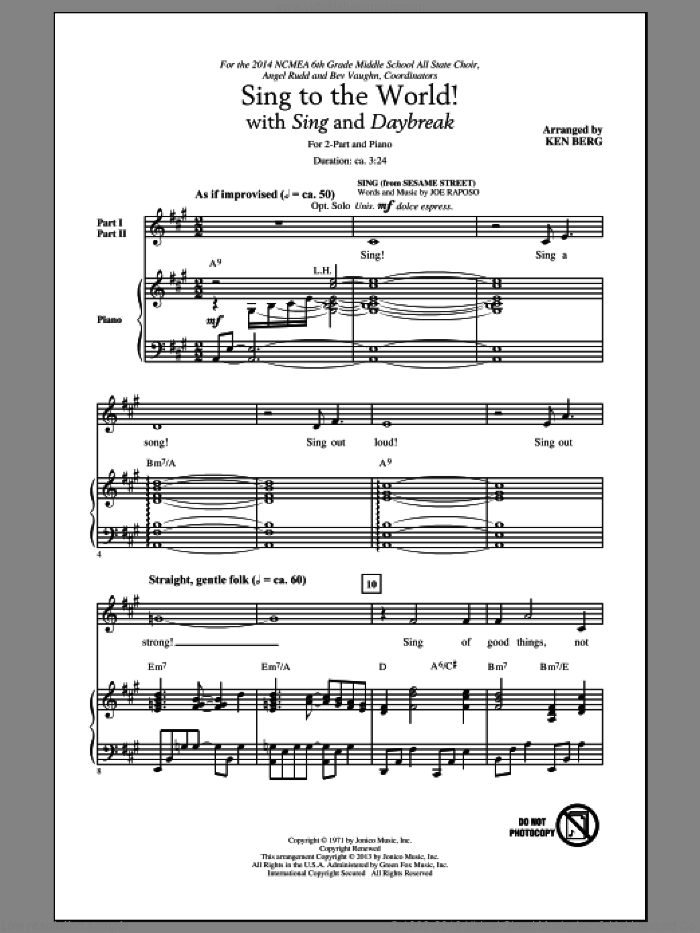 Sing To The World! sheet music for choir (2-Part) by Ken Berg, intermediate duet