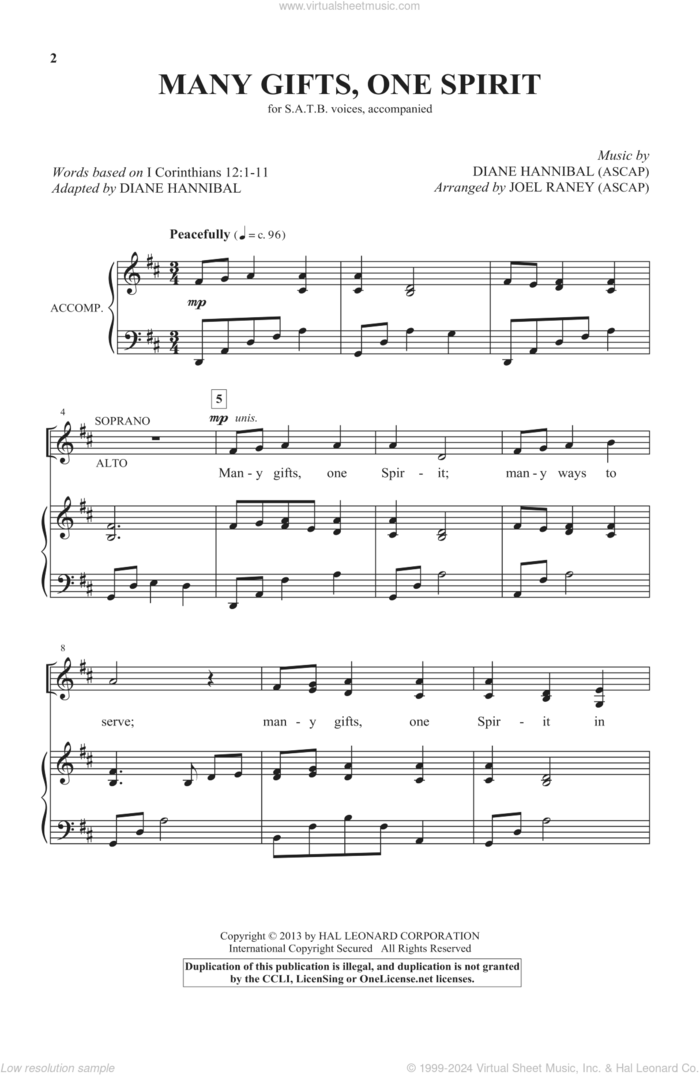 Many Gifts, One Spirit sheet music for choir (SATB: soprano, alto, tenor, bass) by Diane Hannibal and Joel Raney, intermediate skill level