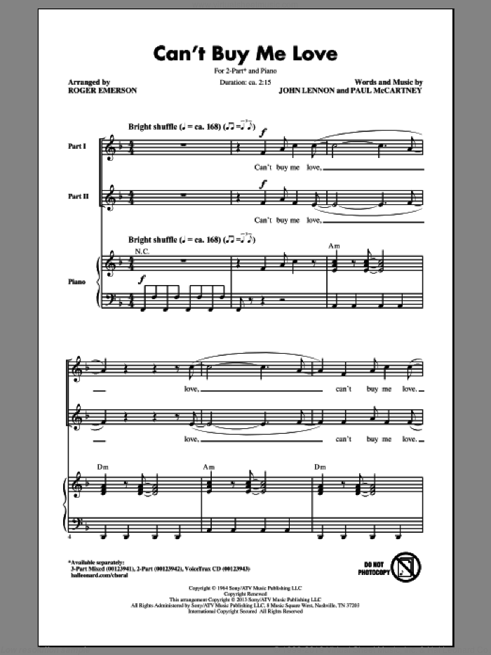 Can't Buy Me Love sheet music for choir (2-Part) by The Beatles, John Lennon, Paul McCartney and Roger Emerson, intermediate duet