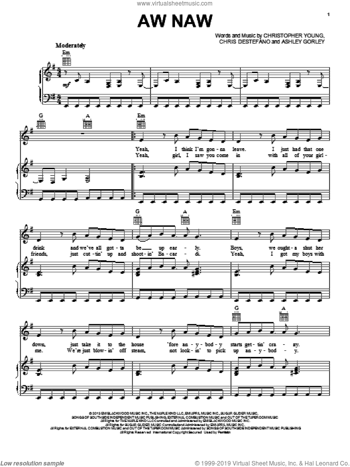 Aw Naw sheet music for voice, piano or guitar by Chris Young, intermediate skill level