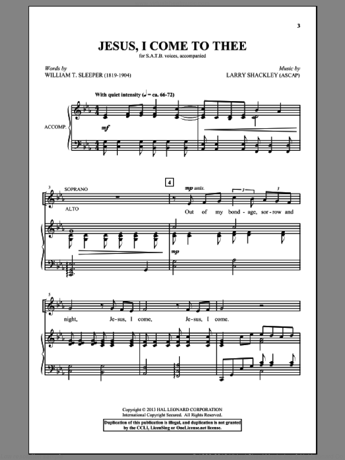Jesus, I Come sheet music for choir (SATB: soprano, alto, tenor, bass) by Larry Shackley and William T. Sleeper, intermediate skill level