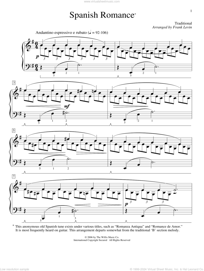 Spanish Romance sheet music for piano solo (elementary) by Frank Levin and Miscellaneous, classical score, beginner piano (elementary)