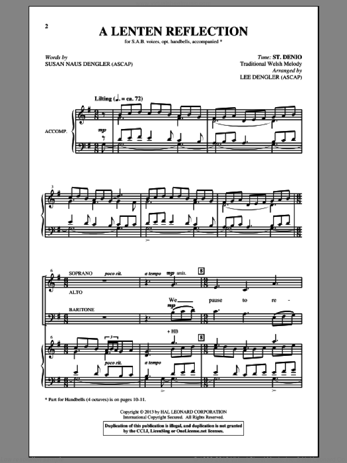A Lenten Reflection sheet music for choir (SATB: soprano, alto, tenor, bass) by Lee Dengler and Susan Naus Dengler, intermediate skill level