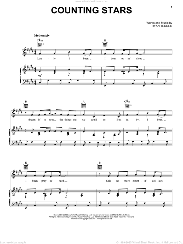 Counting Stars sheet music for voice, piano or guitar by OneRepublic, intermediate skill level