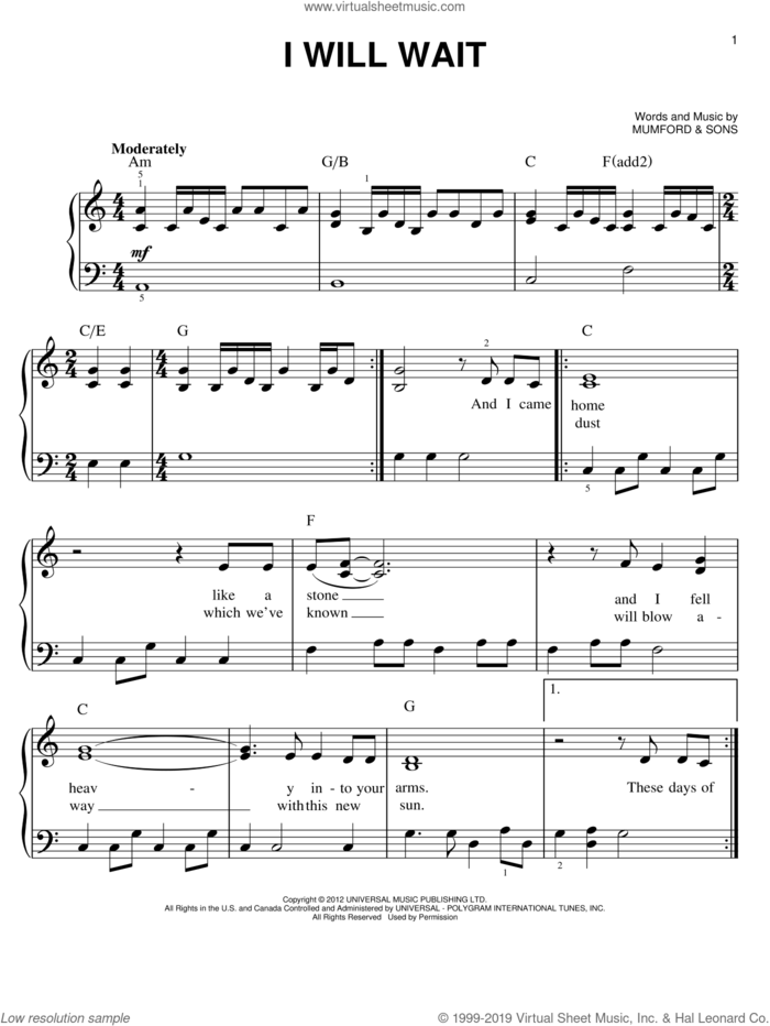 I Will Wait sheet music for piano solo by Mumford & Sons, easy skill level