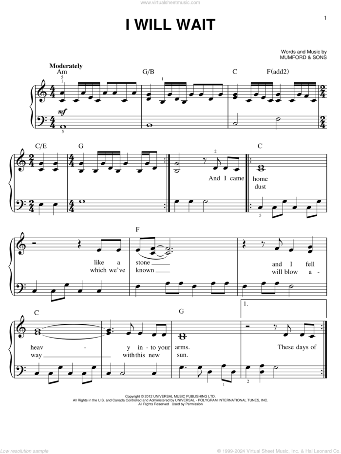 I Will Wait sheet music for piano solo by Mumford & Sons, easy skill level