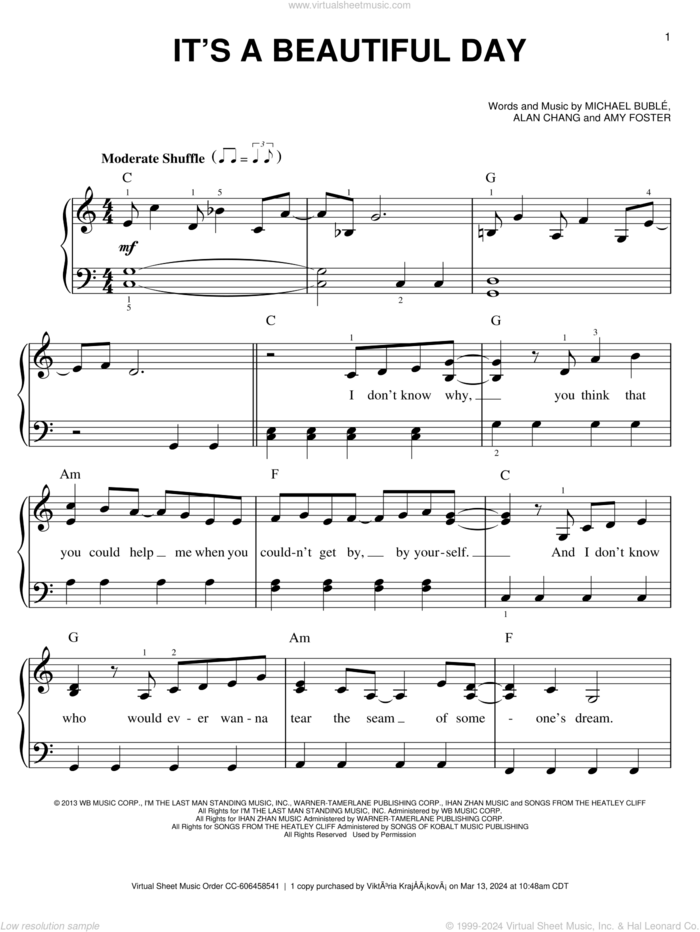 It's A Beautiful Day sheet music for piano solo by Michael Buble, easy skill level