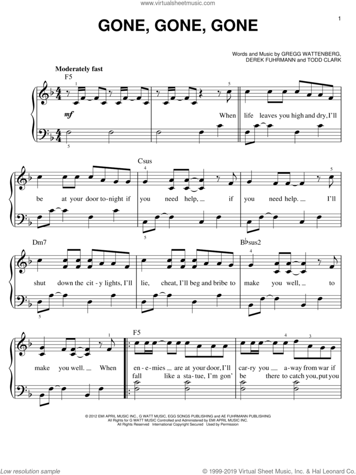 Gone, Gone, Gone sheet music for piano solo by Phillip Phillips, easy skill level